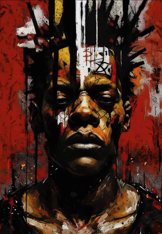 Cette œuvre est un portrait saisissant qui mêle réalisme cru et expressionnisme abstrait, créant une image d'une intensité émotionnelle palpable. Le sujet principal est un visage masculin, représenté avec une précision anatomique troublante. Les traits sont profondément marqués, chaque ride et pli de la peau minutieusement rendus, conférant au visage une qualité presque sculptée. Les yeux mi-clos et l'expression générale évoquent une profonde introspection, peut-être teintée de douleur ou de lassitude. Le front du sujet est orné de ce qui semble être des inscriptions ou des symboles, ajoutant une dimension mystique ou rituelle à l'image. Les cheveux sont représentés par des formes noires explosives qui s'étendent vers l'extérieur, comme des éclats d'obsidienne ou des rayons d'une énergie sombre. La palette de couleurs est dominée par des tons chauds - ocres, oranges, et rouges profonds - contrastant fortement avec le noir des cheveux et les touches de blanc qui semblent illuminer certaines parties du visage. Cette juxtaposition crée une tension visuelle dynamique, comme si le sujet émergeait de l'obscurité ou y était absorbé. La technique picturale est à la fois précise et expressive. Des coups de pinceau fluides et des éclaboussures délibérées côtoient des détails finement rendus, créant une texture riche et complexe. Des coulures de peinture, particulièrement visibles sur le front et autour de la bouche, ajoutent à l'atmosphère brute et émotionnelle de l'œuvre. L'arrière-plan, principalement rouge avec des touches de blanc et de noir, encadre puissamment le visage, intensifiant l'impact émotionnel du portrait. Cette œuvre puissante semble explorer des thèmes d'identité, de souffrance, et peut-être de transformation spirituelle. Elle capture l'essence de l'humanité dans toute sa complexité, mêlant force et vulnérabilité dans une image qui reste gravée dans la mémoire du spectateur. This work is a striking portrait that blends raw realism and abstract expressionism, creating an image of palpable emotional intensity. The main subject is a male face, depicted with troubling anatomical precision. The features are deeply marked, with every wrinkle and fold of the skin meticulously rendered, giving the face an almost sculpted quality. The half-closed eyes and overall expression evoke deep introspection, perhaps tinged with pain or weariness. The subject's forehead is adorned with what appear to be inscriptions or symbols, adding a mystical or ritualistic dimension to the image. The hair is represented by explosive black shapes extending outward, like shards of obsidian or rays of dark energy. The color palette is dominated by warm tones—ochres, oranges, and deep reds—contrasting sharply with the black hair and touches of white that seem to illuminate certain parts of the face. This juxtaposition creates a dynamic visual tension, as if the subject is emerging from or being absorbed into the darkness. The painting technique is both precise and expressive. Fluid brushstrokes and deliberate splashes coexist with finely rendered details, creating a rich and complex texture. Paint drips, particularly visible on the forehead and around the mouth, add to the raw and emotional atmosphere of the work. The background, primarily red with touches of white and black, powerfully frames the face, intensifying the emotional impact of the portrait. This powerful work seems to explore themes of identity, suffering, and perhaps spiritual transformation. It captures the essence of humanity in all its complexity, blending strength and vulnerability in an image that remains etched in the viewer's memory.