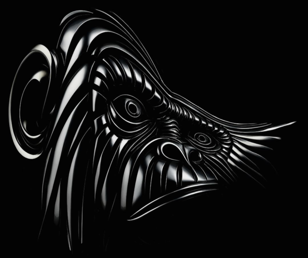 Cette image présente une interprétation artistique abstraite et stylisée d'un visage de babouin, réalisée en noir et blanc. L'œuvre est composée de lignes courbes et fluides qui s'entrelacent pour former les contours et les traits du visage. Ces lignes créent un effet dynamique et hypnotique, rappelant le style de l'art tribal ou du tatouage polynésien. Le profil de l'animal est clairement défini, avec un museau proéminent et une crinière ondulante qui se fond dans les courbes du visage. L'œil, élément central de la composition, est particulièrement saisissant avec ses cercles concentriques qui semblent irradier d'intensité. La bouche est représentée par une série de lignes horizontales, suggérant des dents ou peut-être un rugissement silencieux. La déformation dynamique ajoute un aspect malicieux à la créature. L'ensemble de la composition joue sur les contrastes entre les espaces noirs et blancs, créant un effet de relief et de mouvement. Les lignes fluides donnent une impression de force et de grâce, capturant l'essence sauvage et majestueuse de l'animal. Cette œuvre fusionne habilement l'abstrait et le figuratif, invitant le spectateur à explorer les formes et à découvrir les détails cachés dans les motifs complexes. Elle évoque à la fois la puissance de la nature et la créativité de l'expression artistique humaine. The artwork consists of curved and fluid lines that intertwine to form the contours and features of the face. These lines create a dynamic and hypnotic effect, reminiscent of tribal art or Polynesian tattoos. The profile of the animal is clearly defined, with a prominent muzzle and a wavy mane that blends into the curves of the face. The eye, a central element of the composition, is particularly striking with its concentric circles that seem to radiate intensity. The mouth is represented by a series of horizontal lines, suggesting teeth or perhaps a silent roar. The dynamic distortion adds a mischievous aspect to the creature. The entire composition plays with contrasts between black and white spaces, creating a sense of relief and movement. The fluid lines convey a sense of strength and grace, capturing the wild and majestic essence of the animal. This artwork skillfully blends abstract and figurative elements, inviting the viewer to explore the shapes and discover hidden details within the complex patterns. It evokes both the power of nature and the creativity of human artistic expression.